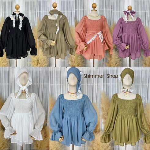 Smoked Peasant Blouse With Scarf and Short Sets